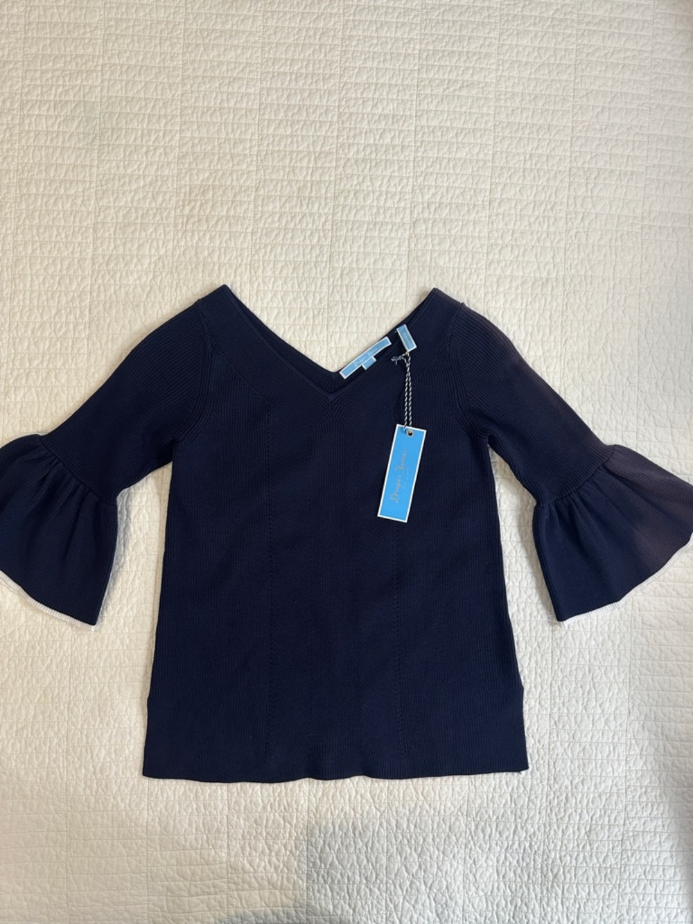 Draper James XS Navy V‑Neck Bell Sleeve Top Ribbed Knit Sweater Blouse